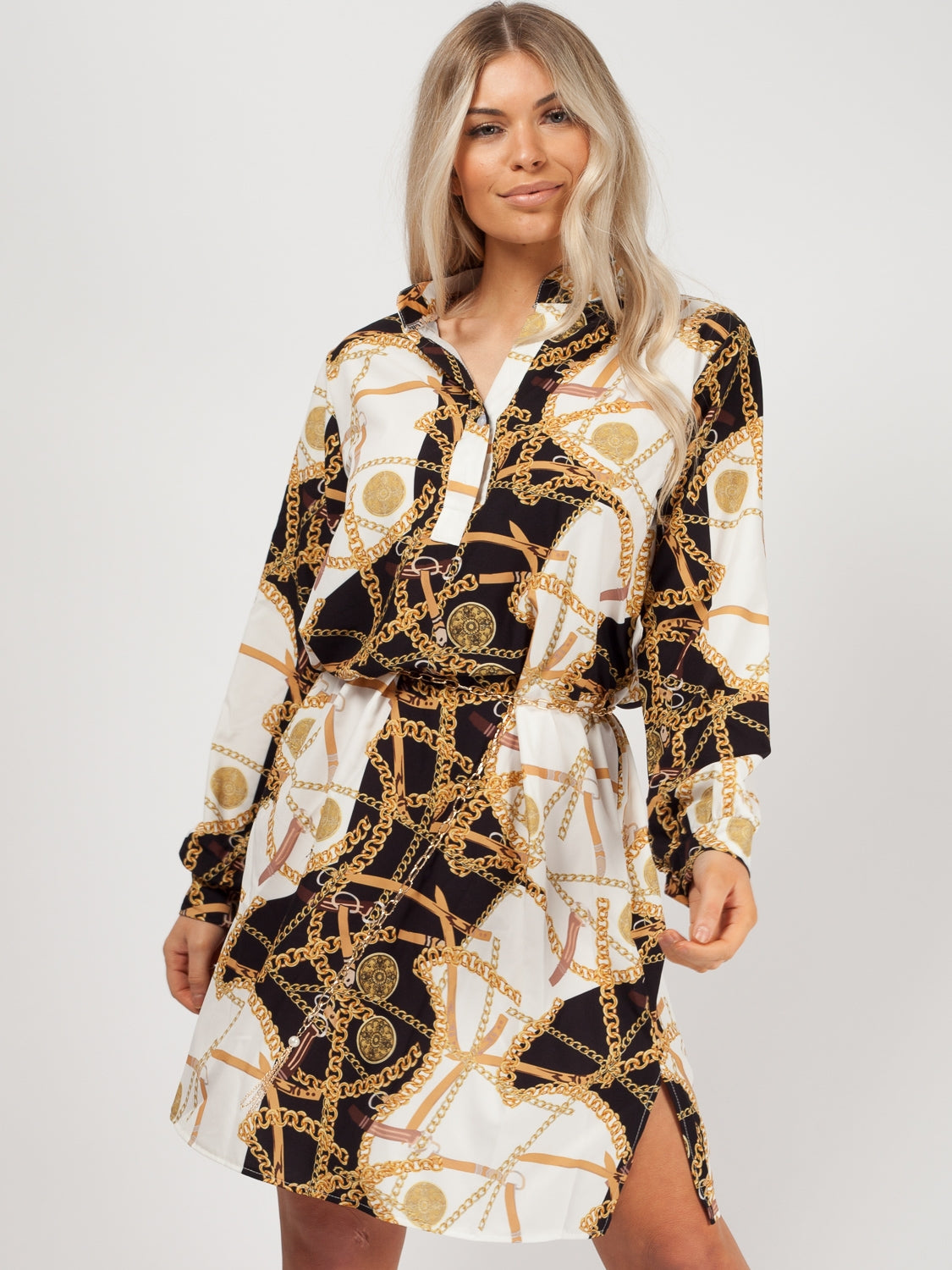 chains print belted casual shirt dress Reiss Chain-Print Belted Mini Dress in Black