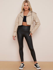 Faux Leather Cropped Biker Jacket With Belt