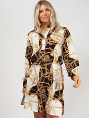 Chain Print Shirt Dress With Chain Belt