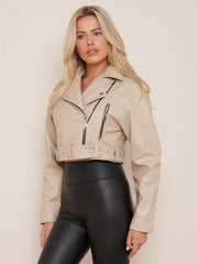 Faux Leather Cropped Biker Jacket With Belt