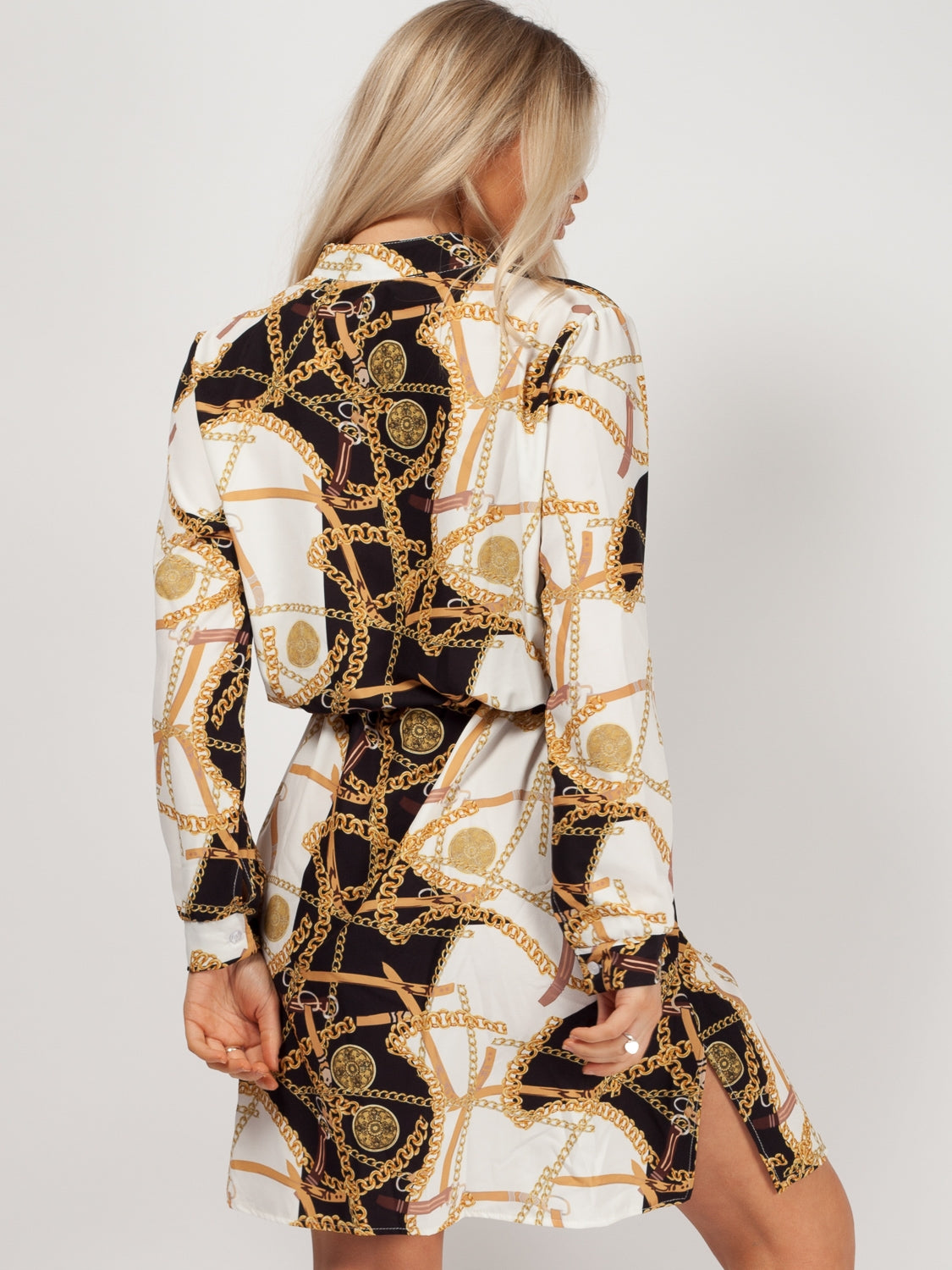 chains print belted casual shirt dress Dress Shop Shein Curved Hem Chains Print Belted Casual Shirt Dress Orange Safari Long Shirt Dress