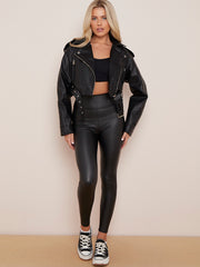 Faux Leather Cropped Biker Jacket With Belt
