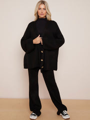 Knitted Drop Shoulder Buttoned Cardigan & Wide Leg Trouser Co-ord