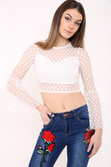 Mesh Polka Dot Bell Frill Crop Top