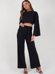 Split Sleeve Ribbed Crop Top & Trouser Co-ord