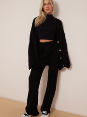 Knitted Drop Shoulder Buttoned Cardigan & Wide Leg Trouser Co-ord