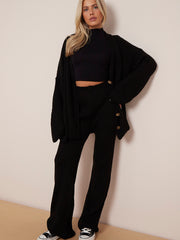 Knitted Drop Shoulder Buttoned Cardigan & Wide Leg Trouser Co-ord