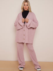 Knitted Drop Shoulder Buttoned Cardigan & Wide Leg Trouser Co-ord
