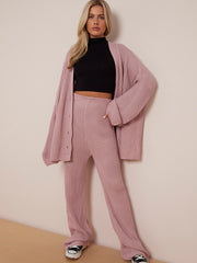 Knitted Drop Shoulder Buttoned Cardigan & Wide Leg Trouser Co-ord