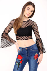 Mesh Polka Dot Bell Frill Crop Top
