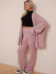 Knitted Drop Shoulder Buttoned Cardigan & Wide Leg Trouser Co-ord