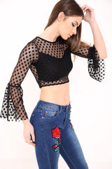 Mesh Polka Dot Bell Frill Crop Top