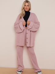 Knitted Drop Shoulder Buttoned Cardigan & Wide Leg Trouser Co-ord