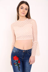 Mesh Polka Dot Bell Frill Crop Top