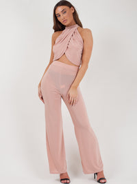 Slinky Wrap Crop Top & Trouser Co-ord - Rose Gold