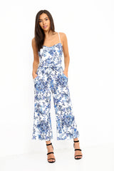 Botanic Floral Print Belted Culotte Jumpsuit