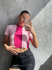 Two Tone Stitch Detail Ribbed Top