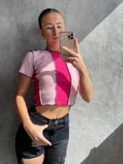 Two Tone Stitch Detail Ribbed Top