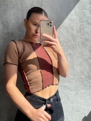 Two Tone Stitch Detail Ribbed Top