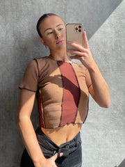 Two Tone Stitch Detail Ribbed Top