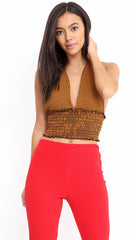 Gingham Check Halter Neck Shirred Crop Top