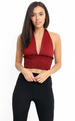 Gingham Check Halter Neck Shirred Crop Top