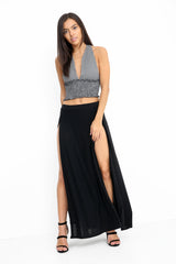 Gingham Check Halter Neck Shirred Crop Top