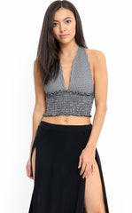 Gingham Check Halter Neck Shirred Crop Top