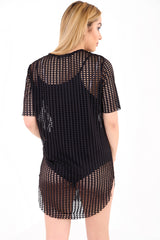 Rock And Roll Printed Fishnet Lined Bodysuit Dress Top