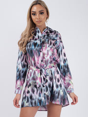 Leopard Print Satin Shirt Dress