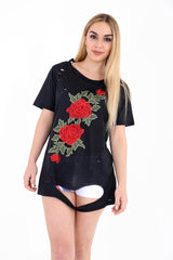 Floral Embroidered Laser Cut T-Shirt Top