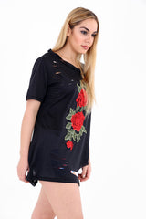 Floral Embroidered Laser Cut T-Shirt Top