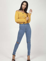 Button Front Knitted Bardot Crop Top