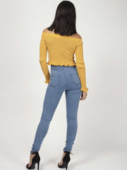 Button Front Knitted Bardot Crop Top