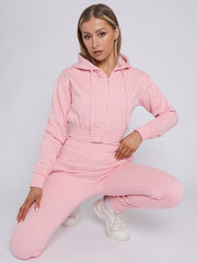 Zip Up Cropped Hoodie & Jogger Fleece Tracksuit