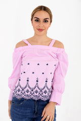 Striped Embroidered Bardot Top
