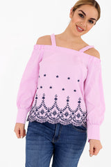 Striped Embroidered Bardot Top