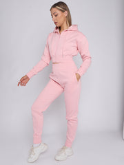 Zip Up Cropped Hoodie & Jogger Fleece Tracksuit