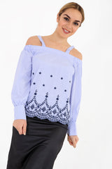 Striped Embroidered Bardot Top