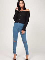 Button Front Knitted Bardot Crop Top