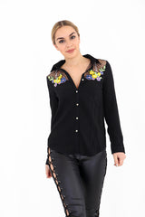 Inserta de malla Insertar el botón bordado floral Camisa delantera Top