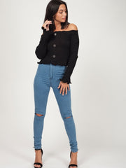 Button Front Knitted Bardot Crop Top