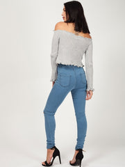 Button Front Knitted Bardot Crop Top