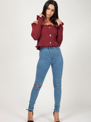 Button Front Knitted Bardot Crop Top