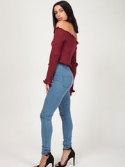 Button Front Knitted Bardot Crop Top