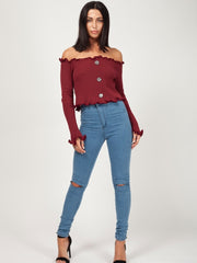 Button Front Knitted Bardot Crop Top