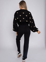 Heart Detail Oversized Cropped Knitted Jumper