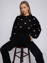 Heart Detail Oversized Cropped Knitted Jumper