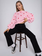 Heart Detail Oversized Cropped Knitted Jumper