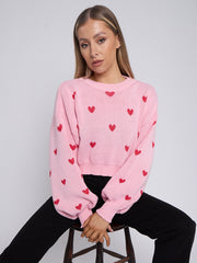 Heart Detail Oversized Cropped Knitted Jumper